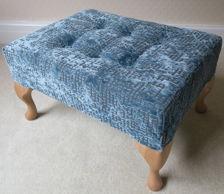 Small blue, silver, grey velvet footstool, Fiona